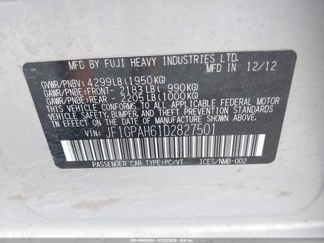 2013 Subaru Impreza 2.0i Limited მანქანა იყიდება აუქციონზე, vin: JF1GPAH61D2827501, აუქციონის ნომერი: 45682454