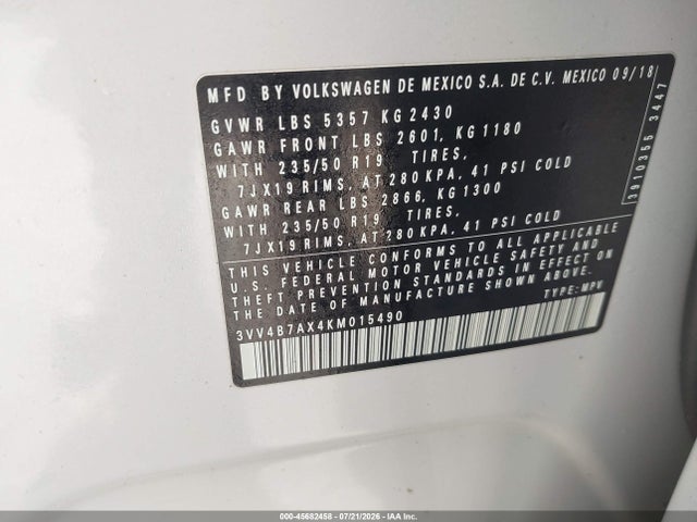 2019 Volkswagen Tiguan 2.0t Sel Premium/2.0t Sel Premium R-line მანქანა იყიდება აუქციონზე, vin: 3VV4B7AX4KM015490, აუქციონის ნომერი: 45682458