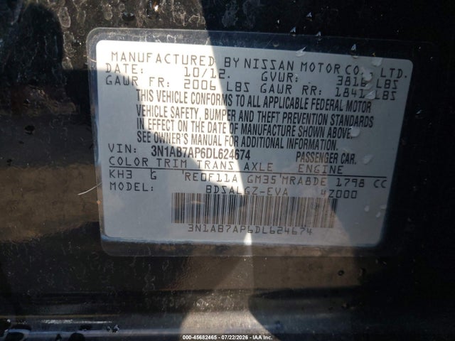 Продаж на аукціоні авто 2013 Nissan Sentra Sl, vin: 3N1AB7AP6DL624674, номер лоту: 45682465