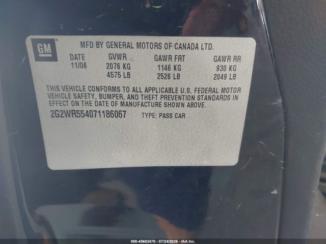 Продаж на аукціоні авто 2007 Pontiac Grand Prix Gt, vin: 2G2WR554071186067, номер лоту: 45682470