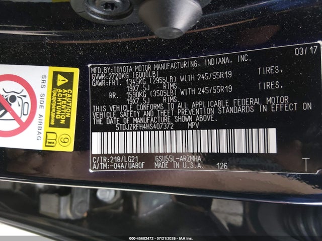 2017 Toyota Highlander Se მანქანა იყიდება აუქციონზე, vin: 5TDJZRFH4HS407372, აუქციონის ნომერი: 45682472