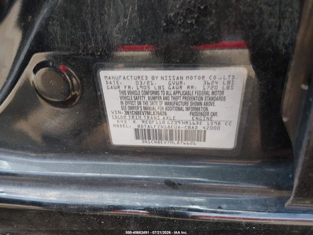 2021 Nissan Versa Sv Xtronic Cvt მანქანა იყიდება აუქციონზე, vin: 3N1CN8EV7ML876626, აუქციონის ნომერი: 45682491