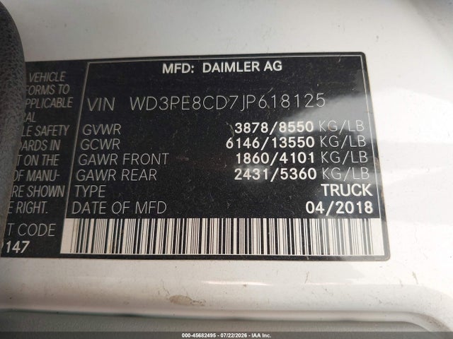 45682495 :رقم المزاد ، WD3PE8CD7JP618125 vin ، 2018 Mercedes-benz Sprinter 2500 High Roof V6 مزاد بيع