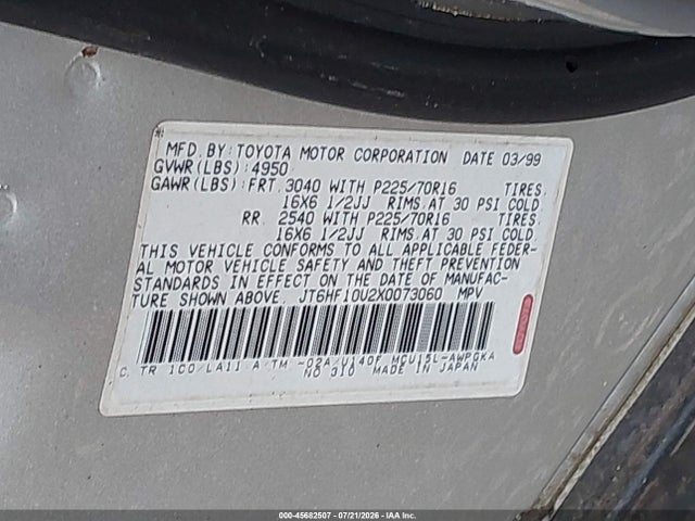Aukcja sprzedaży 2000 Lexus Rx 300, vin: JT6HF10U8Y0160897, numer aukcji: 45682507