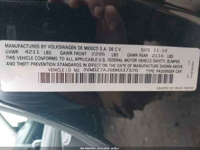 Продаж на аукціоні авто 2011 Volkswagen Jetta 2.5l Se, vin: 3VWDZ7AJ0BM337370, номер лоту: 45682533