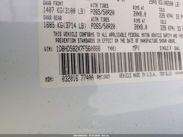 Продажа на аукционе авто 2007 Dodge Durango Limited, vin: 1D8HD582X7F560868, номер лота: 45682534