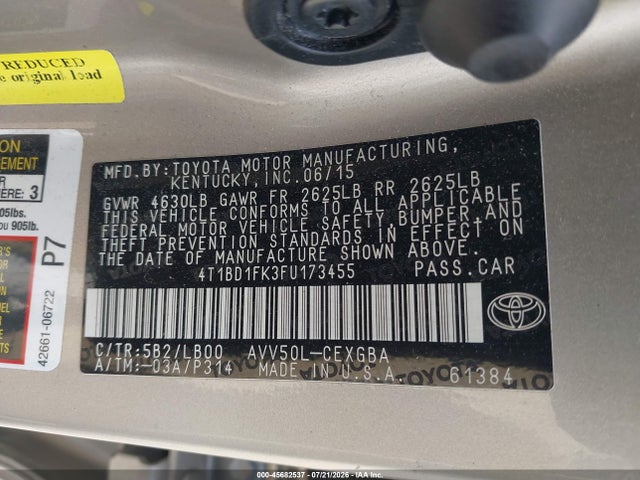 4T1BD1FK3FU173455 Toyota Camry Hybrid Xle