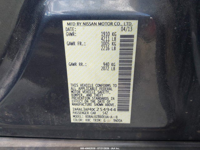 Продажа на аукционе авто 2013 Nissan Altima 2.5 Sv, vin: 1N4AL3AP4DC254944, номер лота: 45682539