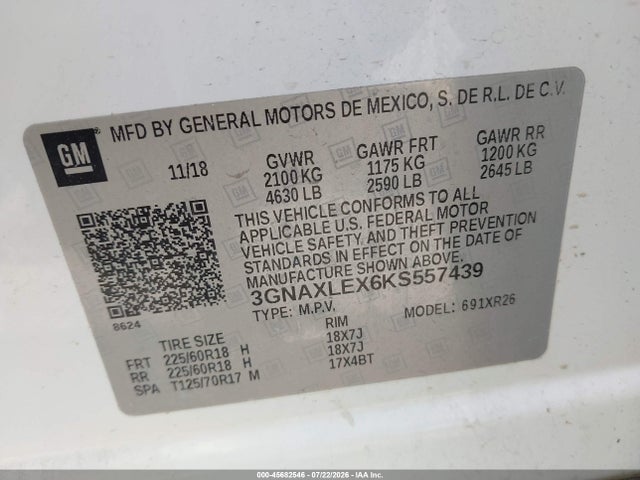 2019 Chevrolet Equinox Lt მანქანა იყიდება აუქციონზე, vin: 3GNAXLEX6KS557439, აუქციონის ნომერი: 45682546
