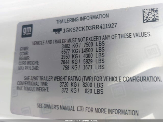 45682553 :رقم المزاد ، 1GKS2CKD3RR411927 vin ، 2024 Gmc Yukon 4wd At4 مزاد بيع