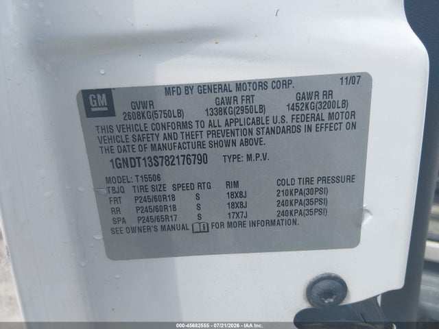 45682555 :رقم المزاد ، 1GNDT13S782176790 vin ، 2008 Chevrolet Trailblazer Lt مزاد بيع