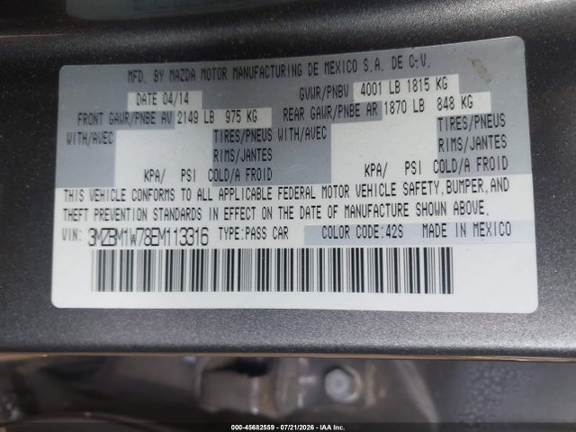 2014 Mazda Mazda3 I Grand Touring მანქანა იყიდება აუქციონზე, vin: 3MZBM1W78EM113316, აუქციონის ნომერი: 45682559