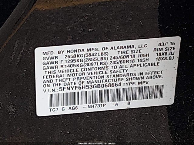 Aukcja sprzedaży 2016 Honda Pilot Ex-l, vin: 5FNYF6H53GB068664, numer aukcji: 45682595