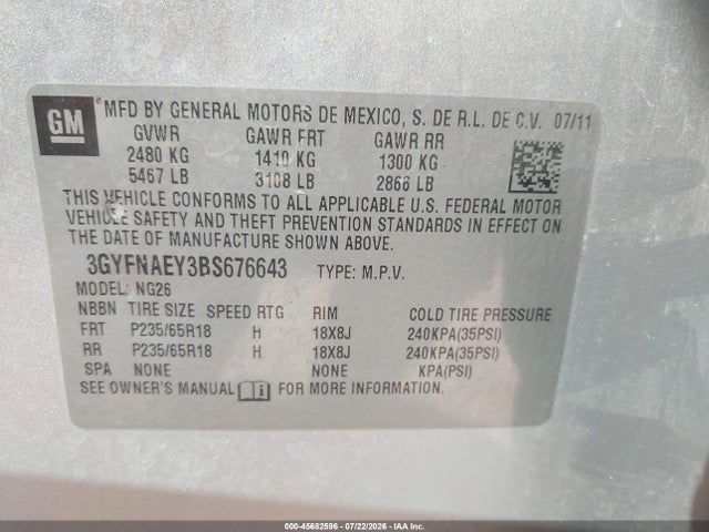 45682596 :رقم المزاد ، 3GYFNAEY3BS676643 vin ، 2011 Cadillac Srx Luxury Collection مزاد بيع