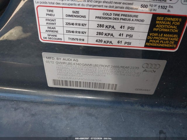 2013 Audi A3 2.0t Premium მანქანა იყიდება აუქციონზე, vin: WAUMFAFM9DA026304, აუქციონის ნომერი: 45682597
