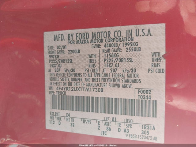 45682609 :رقم المزاد ، 4F4YR12UX1TM17308 vin ، 2001 Mazda B3000 Ds/se مزاد بيع