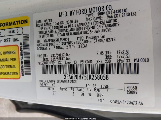 2018 Ford Fusion Se მანქანა იყიდება აუქციონზე, vin: 3FA6P0H75JR258058, აუქციონის ნომერი: 45682611