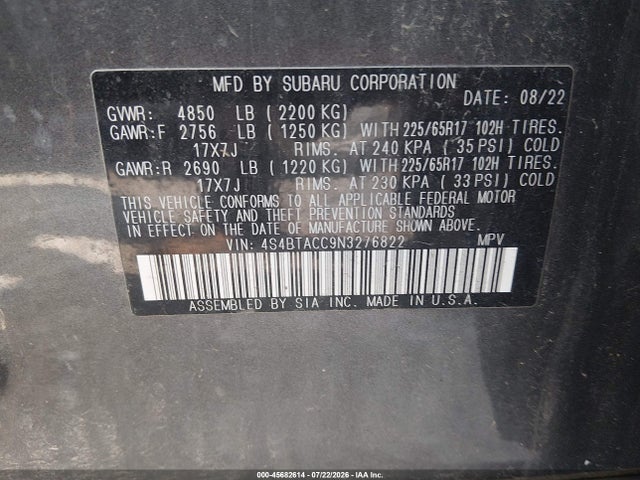 Продаж на аукціоні авто 2022 Subaru Outback Premium, vin: 4S4BTACC9N3276822, номер лоту: 45682614