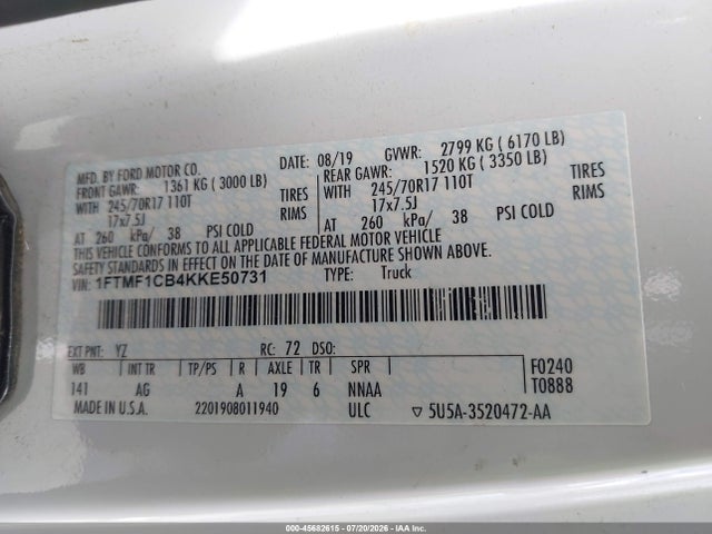 Ford F-150 Xl 2019 1FTMF1CB4KKE50731 Image 9