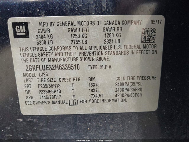 45682647 :رقم المزاد ، 2GKFLUE32H6339510 vin ، 2017 Gmc Terrain Slt مزاد بيع