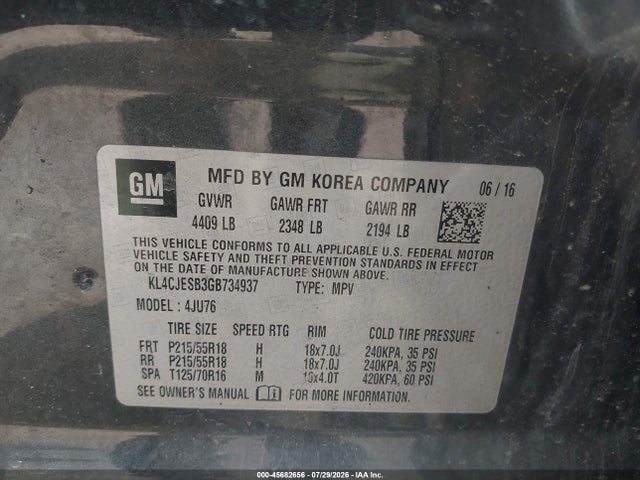 Продажа на аукционе авто 2016 Buick Encore, vin: KL4CJESB3GB734937, номер лота: 45682656