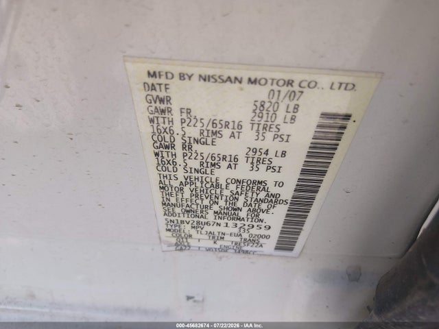 Продаж на аукціоні авто 2007 Nissan Quest 3.5 Sl, vin: 5N1BV28U67N132959, номер лоту: 45682674