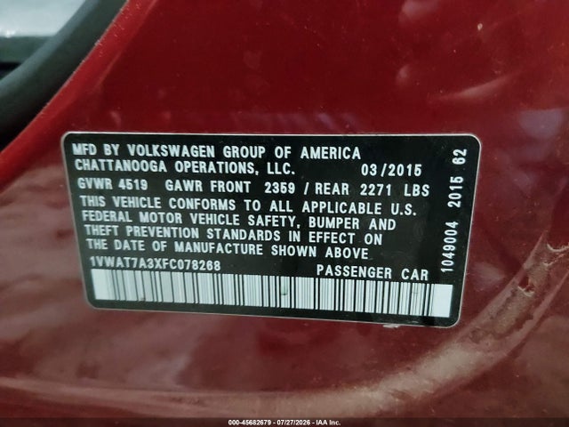 Продажа на аукционе авто 2015 Volkswagen Passat 1.8t Limited Edition, vin: 1VWAT7A3XFC078268, номер лота: 45682679