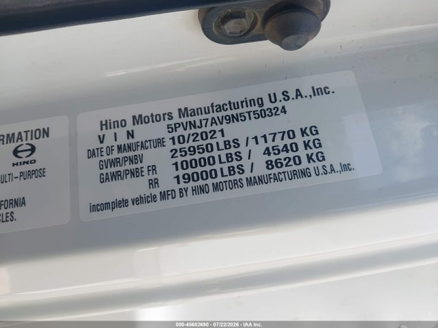 Продажа на аукционе авто 2022 Hino Hino L6, vin: 5PVNJ7AV9N5T50324, номер лота: 45682690
