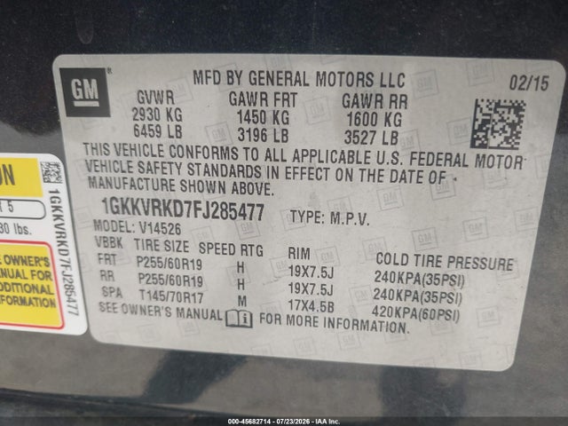 Aukcja sprzedaży 2015 Gmc Acadia Slt, vin: 1GKKVRKD7FJ285477, numer aukcji: 45682714