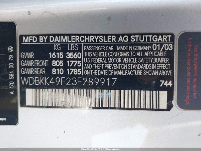 Продажа на аукционе авто 2003 Mercedes-benz Slk 230 Kompressor, vin: WDBKK49F23F289917, номер лота: 45682725