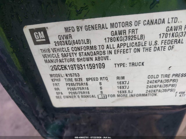 45682751 :رقم المزاد ، 2GCEK19T931159109 vin ، 2003 Chevrolet Silverado 1500 Ls مزاد بيع