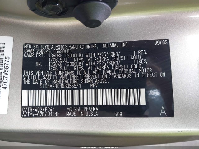Aukcja sprzedaży 2006 Toyota Sienna Le, vin: 5TDBA23C16S055571, numer aukcji: 45682764