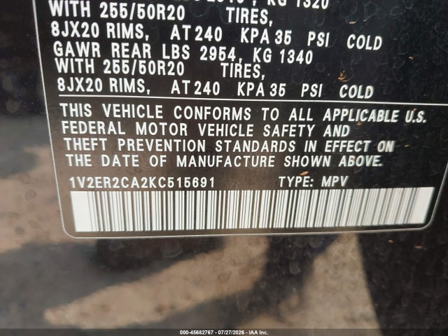 2019 Volkswagen Atlas 3.6l V6 Sel მანქანა იყიდება აუქციონზე, vin: 1V2ER2CA2KC515691, აუქციონის ნომერი: 45682767