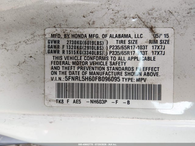 Honda Odyssey Ex-l 2015 5FNRL5H60FB096095 Image 9