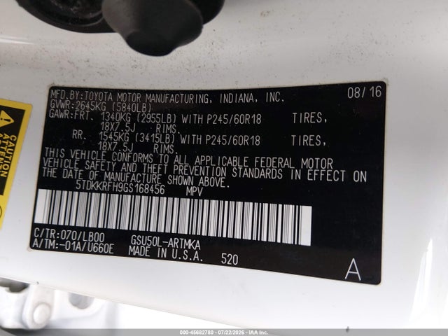 45682780 :رقم المزاد ، 5TDKKRFH9GS168456 vin ، 2016 Toyota Highlander Xle V6 مزاد بيع