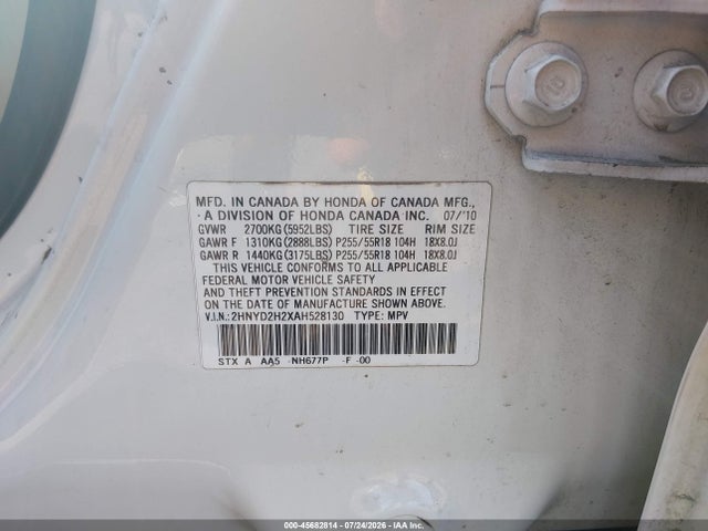 45682814 :رقم المزاد ، 2HNYD2H2XAH528130 vin ، 2010 Acura Mdx 3.7l (a6) مزاد بيع