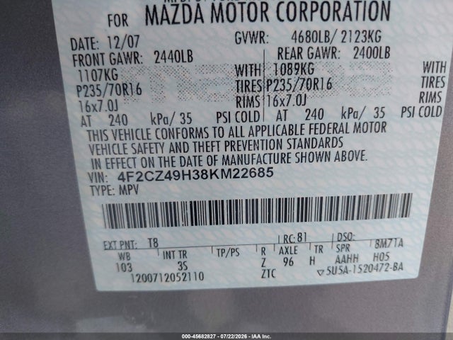 2008 Mazda Tribute Hybrid Touring მანქანა იყიდება აუქციონზე, vin: 4F2CZ49H38KM22685, აუქციონის ნომერი: 45682827