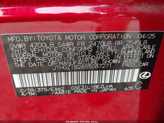 Aukcja sprzedaży 2025 Lexus Is 350 F Sport, vin: JTHGZ1B26S5087271, numer aukcji: 45682839