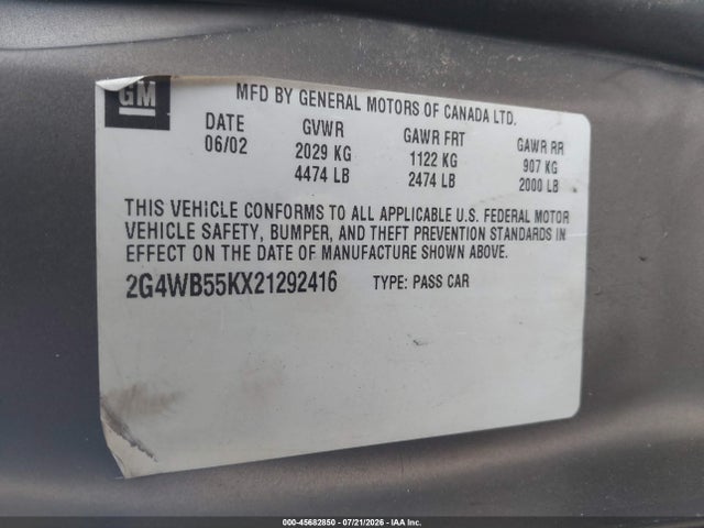 45682850 :رقم المزاد ، 2G4WB55KX21292416 vin ، 2002 Buick Regal Ls مزاد بيع