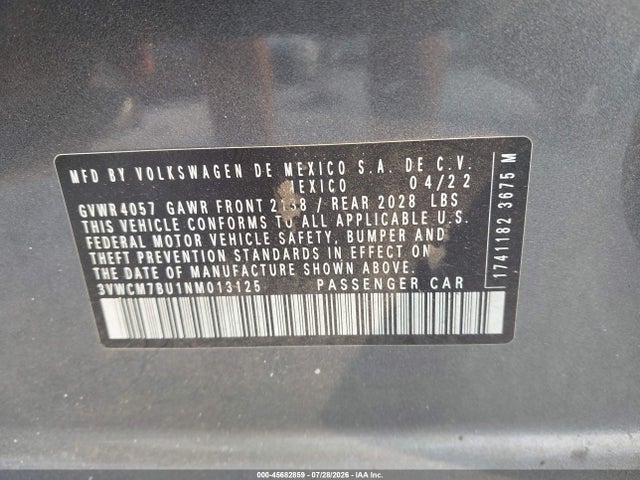 Продаж на аукціоні авто 2022 Volkswagen Jetta 1.5t S, vin: 3VWCM7BU1NM013125, номер лоту: 45682859