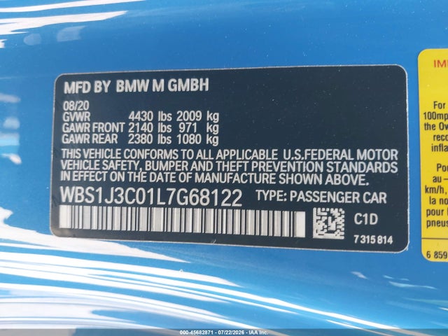 2020 Bmw M2 Cs მანქანა იყიდება აუქციონზე, vin: WBS1J3C01L7G68122, აუქციონის ნომერი: 45682871