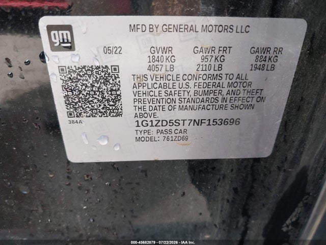 45682879 :رقم المزاد ، 1G1ZD5ST7NF153696 vin ، 2022 Chevrolet Malibu Fwd Lt مزاد بيع