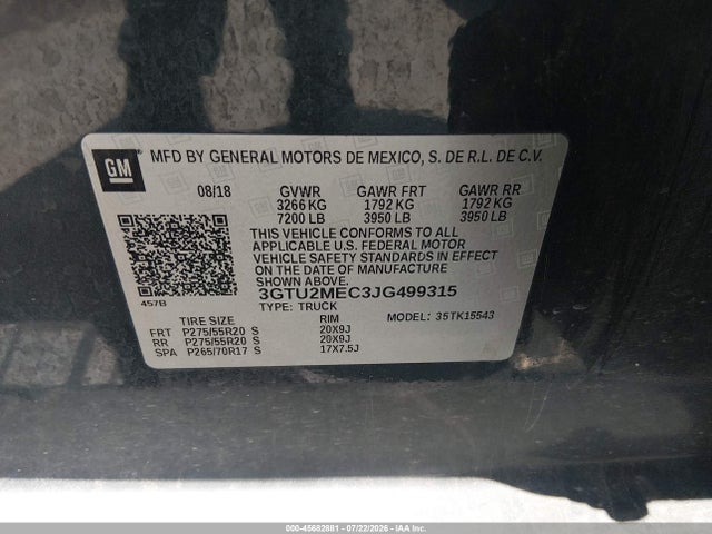 2018 Gmc Sierra 1500 Sle მანქანა იყიდება აუქციონზე, vin: 3GTU2MEC3JG499315, აუქციონის ნომერი: 45682881