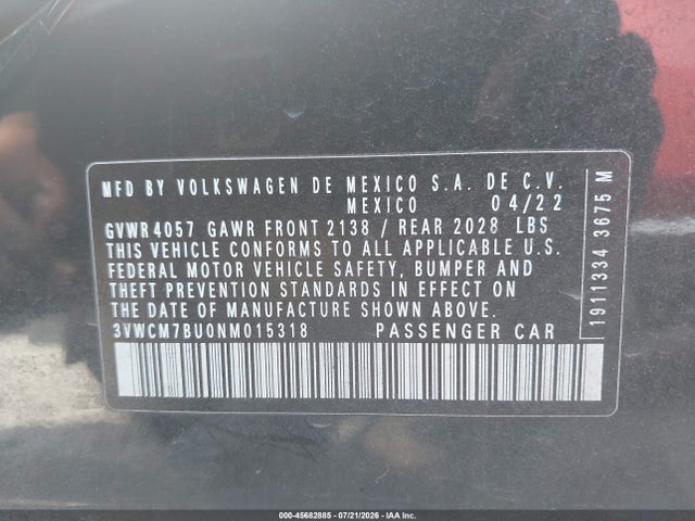 45682885 :رقم المزاد ، 3VWCM7BU0NM015318 vin ، 2022 Volkswagen Jetta 1.5t S مزاد بيع