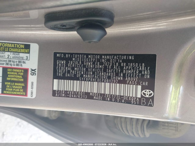 Продаж на аукціоні авто 2014 Toyota Corolla Le Eco, vin: 5YFBPRHE0EP091292, номер лоту: 45682886