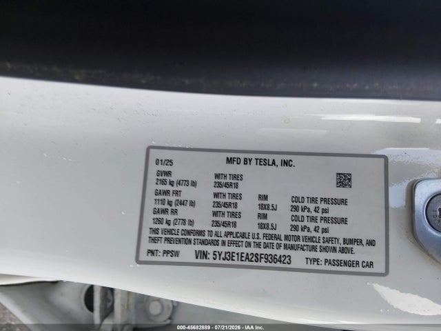 Продаж на аукціоні авто 2025 Tesla Model 3 Long Range Rear-wheel Drive/standard Rear-wheel Drive, vin: 5YJ3E1EA2SF936423, номер лоту: 45682889