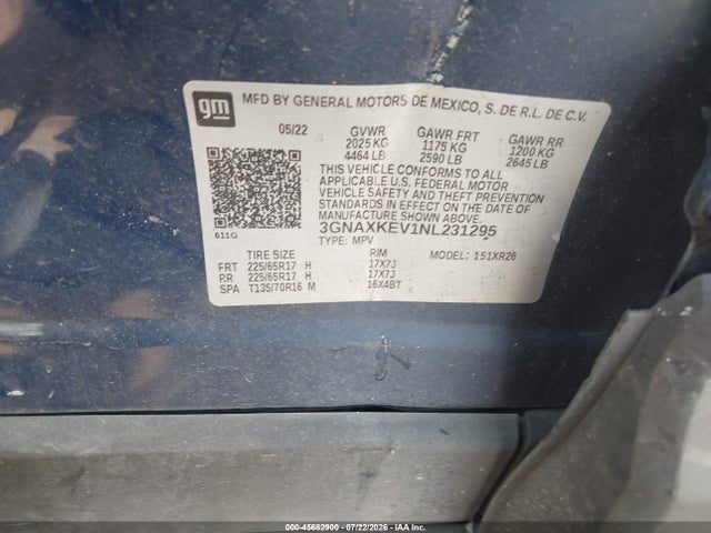 Продажа на аукционе авто 2022 Chevrolet Equinox Fwd Lt, vin: 3GNAXKEV1NL231295, номер лота: 45682900