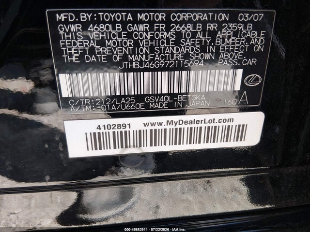 45682911 :رقم المزاد ، JTHBJ46G972115694 vin ، 2007 Lexus Es 350 مزاد بيع
