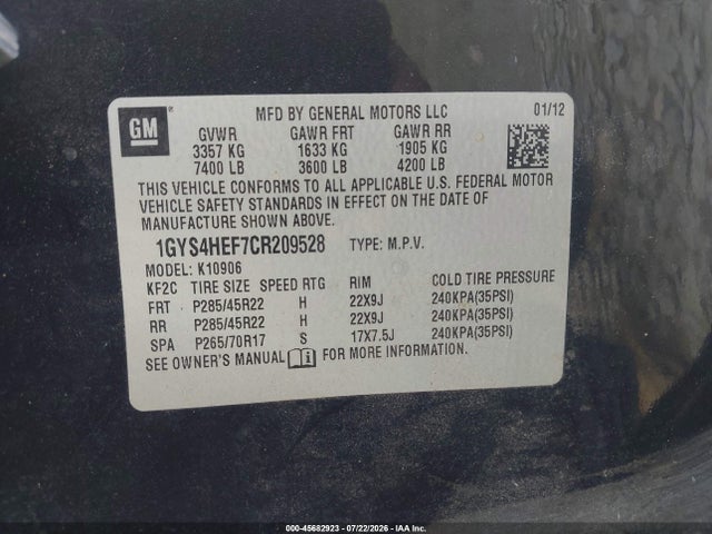Продаж на аукціоні авто 2012 Cadillac Escalade Esv Luxury, vin: 1GYS4HEF7CR209528, номер лоту: 45682923