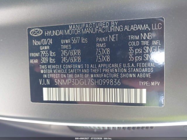 Продажа на аукционе авто 2025 Hyundai Santa Fe Xrt, vin: 5NMP3DGL7SH099836, номер лота: 45682927